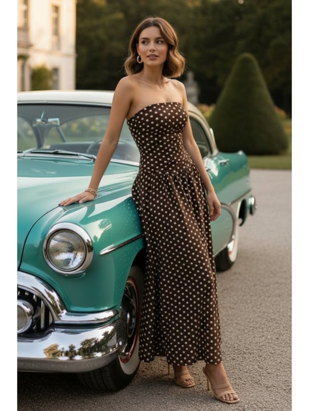 Retro Polka Dot Bandeau Strapless Ruched Drop Waist Fit & Flare Maxi Dress